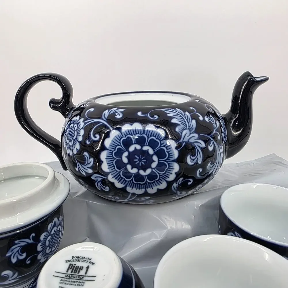 Pier 1 Imports Mandarin Teapot 32oz 4 Cups 4oz Set Cobalt Blue White Porcelain